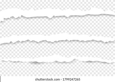 Piece of torn, white realistic horizontal paper strip with a soft shadow. Squared ripped horizontal grey paper