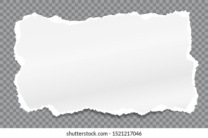 Piece of torn, white realistic paper with soft shadow is on squared grey background. Vector illustration