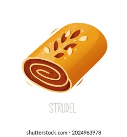 Piece of traditional German and Austrian apple pie baked as a roll. Isolated vector image of slice of strudel topped with almond petals