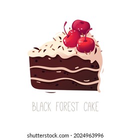 A piece of traditional german chocolate and cherry cake. Slice of layered chocolate black forest cake. Isolated vector image.