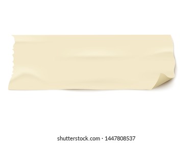 Piece of used old masking tape piece with curled corner. Isolated light yellow adhesive strip label with torn edges on white background - realistic vector illustration.