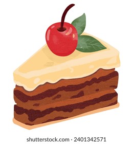 A piece of vanilla cake with cherry on the top vector watercolor style.