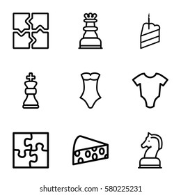 piece vector icons. Set of 9 piece outline icons such as baby onesie, swimsuit, puzzle, piece of cake, cheese, horse chess