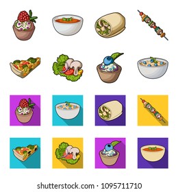 Piece of vegetarian pizza with tomatoes, lettuce leaves with mushrooms, blueberry cake, vegetarian soup with greens. Vegetarian dishes set collection icons in cartoon,flat style vector symbol stock