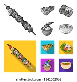 Piece of vegetarian pizza with tomatoes, lettuce leaves with mushrooms, blueberry cake, vegetarian soup with greens. Vegetarian dishes set collection icons in monochrome,flat style vector symbol stock