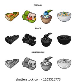 Piece of vegetarian pizza with tomatoes, lettuce leaves with mushrooms, blueberry cake, vegetarian soup with greens. Vegetarian dishes set collection icons in cartoon,black,monochrome style vector