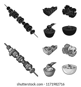 Piece of vegetarian pizza with tomatoes, lettuce leaves with mushrooms, blueberry cake, vegetarian soup with greens. Vegetarian dishes set collection icons in black,monochrome style vector symbol