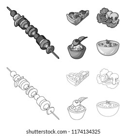 Piece of vegetarian pizza with tomatoes, lettuce leaves with mushrooms, blueberry cake, vegetarian soup with greens. Vegetarian dishes set collection icons in outline,monochrome style vector symbol