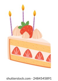A piece of waffle cake with strawberries and candles.Happy birthday cake.