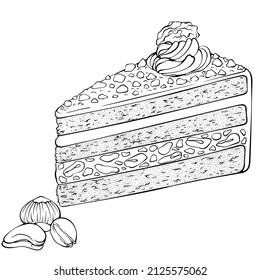 Piece of walnut cake. Vector illustrations in hand drawn sketch doodle style. Line art dessert isolated on white. Element for coloring book, design, print.