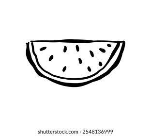 A piece of watermelon drawn by hand in doodle style. Food, kitchen, menu. Vector illustration for design.
