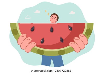 Pedazo de sandía en manos del hombre hambriento comiendo fruta dulce para calmar la sed y aliviar el hambre. Hombre con sonrisas de sandía, instando a la gente a comer alimentos orgánicos con vitaminas y nutrientes