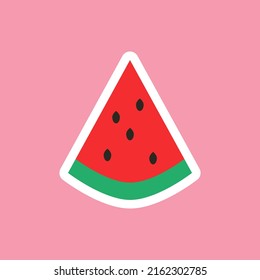 A piece of watermelon on a pink background. Summer sticker illustration in cartoon style