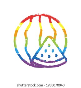 A piece of watermelon, simple icon of food. Drawing sign with LGBT style, seven colors of rainbow (red, orange, yellow, green, blue, indigo, violet