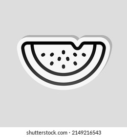 A piece of watermelon, simple icon of food. Linear sticker, white border and simple shadow on gray background