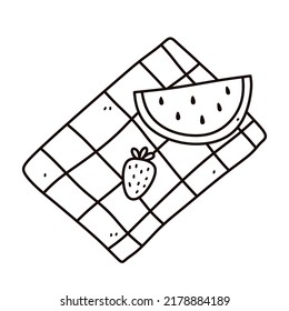 Piece of watermelon and strawberry on the tablecloth. Picnic with fruit. Vector hand-drawn illustration in doodle style. Perfect for summer designs, card, logo, decorations.