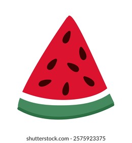 A piece of watermelon of triangular shape. Watermelon slice icon. A slice of watermelon with pits. The logo of a juicy watermelon in a flat style. Illustration, highlighted on a white background