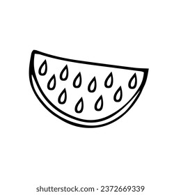 Ein Stück Wassermelone. Vektorkontur, handgezeichnete schwarz-weiße Doodles. Logo, Vorlage, Clipart, Skizze, Symbol.