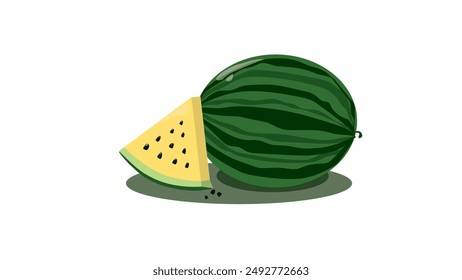 Piece of watermelon with yellow pulp and seeds,yummy fresh summer fruit sweet dessert, yellow tropical fruit on white background, ripe striped sliced watermelon, healthy food design