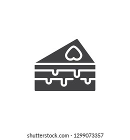 Piece of wedding cake vector icon. filled flat sign for mobile concept and web design. Wedding cake piece with heart simple solid icon. Symbol, logo illustration. Pixel perfect vector graphics