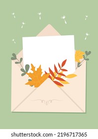 A piece of white paper, autumn leaves and herbs sticks out of the envelope. Template for greeting card or invitation. Fall botanical vector illustration, flat style on a green background