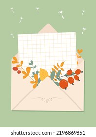 A piece of white paper, autumn leaves and berries sticks out of the envelope. Template for greeting card or invitation. Fall botanical vector illustration, flat style on a green background