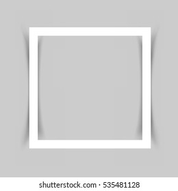 Piece of white paper frame for note, message, quote with the shadow on gray background.