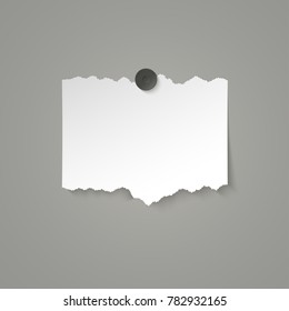 Piece of white paper with torn edges attached with a magnet. Vector illustration