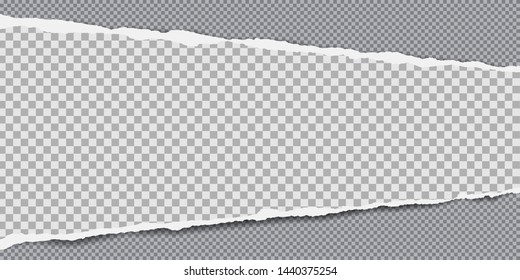 Piece of white squared torn paper strip with soft shadow is on grey squared background. Vector illustration