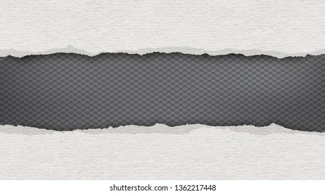 Piece of white torn recycle horizontal paper strips is on black background. Vector template illustration