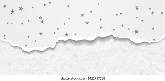 Piece of white torn, ripped paper strip with stars pattern and soft shadow is on grainy paper background. Vector template illustration