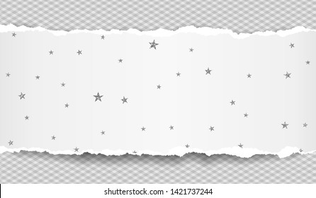 Piece of white torn, ripped paper strip with stars pattern and soft shadow is on squared background. Vector template illustration