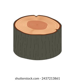 Piece of wooden log with bark, texture on cut, vector