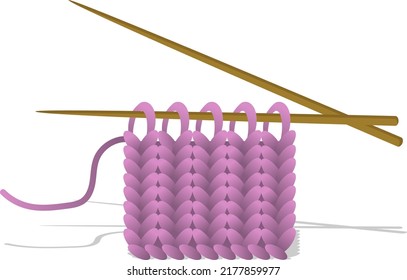 Piece of yarn with knitting needles cartoon style vector illustration isolated on white background. Knitting hobby and needlework sign or symbol.