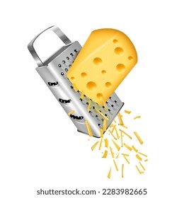 Piece of yellow cheese grated on a manual grater. Vector illustration isolated on white background.