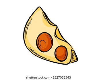 Piece of yellow cheese slice with holes. Hand drawn colorful sketch style. Food packaging, restaurant menus, or culinary-themed designs. Detailed and appetizing. Vector illustration.