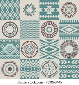 Pieces of American Indians ethnic patterns compiled in seamless texture. 