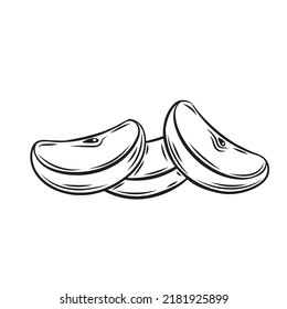 Pieces of apple line icon vector illustration. Black hand drawn slices of healthy fruit, outline fresh organic portion of vitamin summer vegetarian dessert, delicious sweet apple sections with seeds