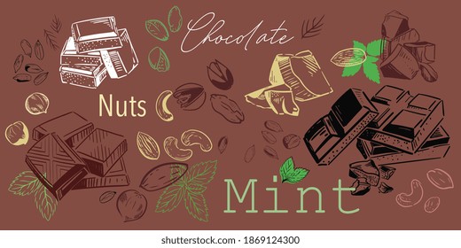 Pieces, bars, sliced ​​chocolate, nuts, mint - banner, background, cover for design, pattern, packaging, label. Vector illustration.