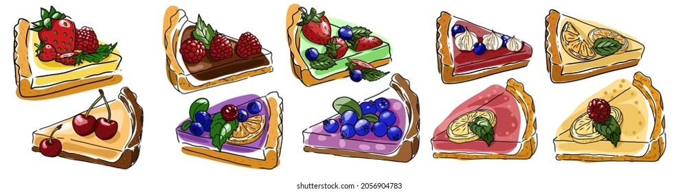 pieces of berry tart with different fruits and berries. Cartoon,cherry,strawberry,raspberry,blueberry,orange,lemon, culinary poster,dessert poster,berry cake,pie slices set