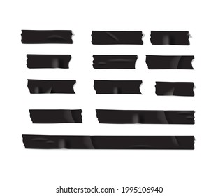 Pieces of black adhesive tape isolated on white background. Vector realistic duct or masking tapes parts collection.