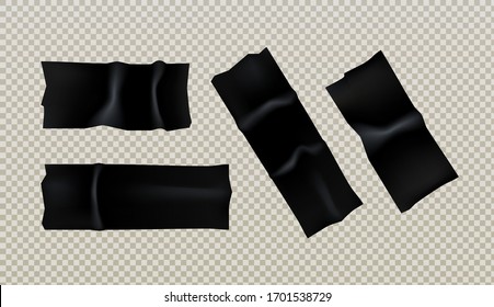 
Pieces of black scotch tape pasted on the surface. Realistic illustration of electrical, duct, adhesive tape elements. Vector illustration.