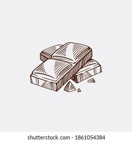 Pieces of black and white chocolate bar. Vector sketch isolated background.