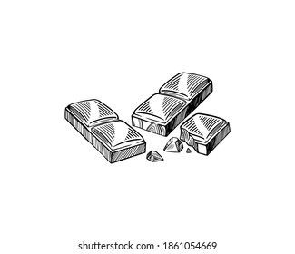 Pieces of black and white chocolate bar. Vector sketch isolated background.