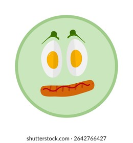 Pieces of boiled egg and sausage on a plate Funny Food emoticon Motivation Themes Cards design idea