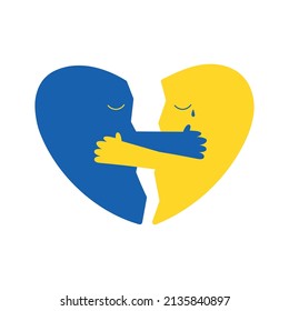 Trozos de corazón roto abrazándose, colores de la bandera ucraniana, ilustración vectorial plana aislada en fondo blanco. Apoyar y rezar por Ucrania durante la guerra con Rusia. Corazón con cara llorando.
