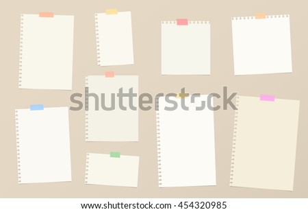 Pieces of brown cutout notebook paper are stuck with colorful sticky tape on background