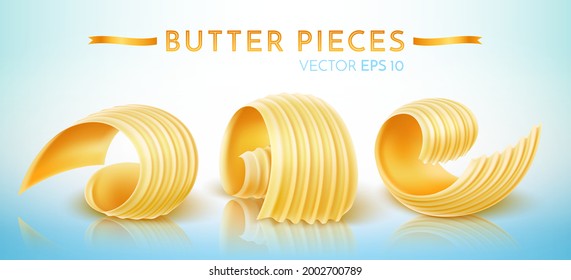 Pieces of butter, margarine, spread and dairy products. Realistic vector illustration.