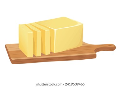 Trozos de mantequilla, margarina, ungüentos y productos lácteos sobre una tabla de despiece de madera aislada de fondo blanco. Ilustración vectorial plana.