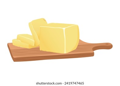 Pieces of butter, margarine, spreads and dairy products on a wooden cutting board isolated on white background. Flat vector illustration.
